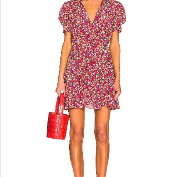 SALONI / Lea Silk Puff Sleeve A-Line wrap mini floral poppy pink Silk Dress 12 - Picture 3 of 11